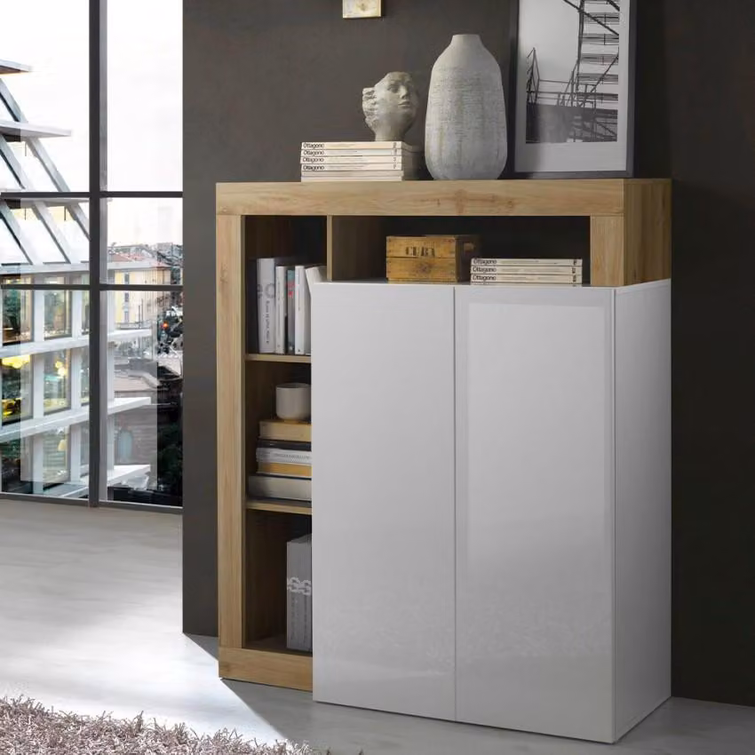 Comò moderno a 2 ante e 3 cassetti, rovere bianco lucido, modello Blume BR