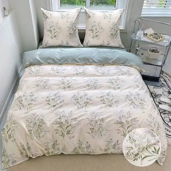 Set di copripiuma e federe MetersGod in cotone e microfibra con motivo floreale verde, reversibile e con cerniera lampo, composto da un copripiuma 135 x 200 cm e una federa 80 x 80 cm