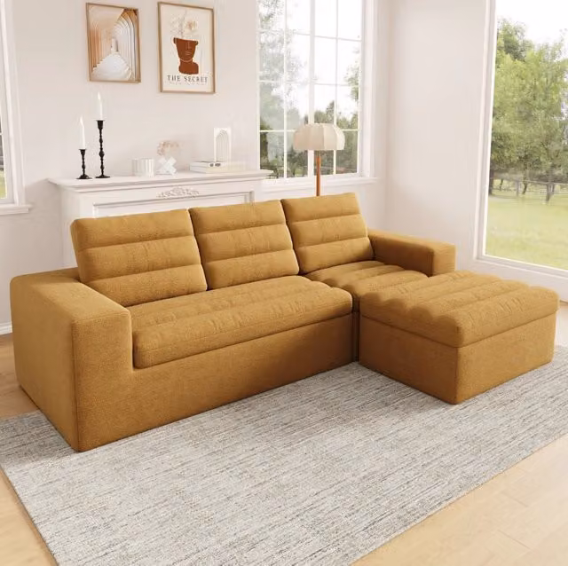 Divano angolare modulare ULEVR 253x161x89 cm con pouf, senza telaio, rivestimento in ciniglia arancione