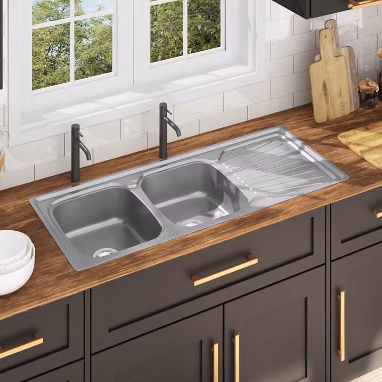 vidaXL Lavello da Cucina Doppio in Acciaio Inox Color Argento L: 120 cm, P: 50 cm, H: 16 cm con Filtro e Sifone