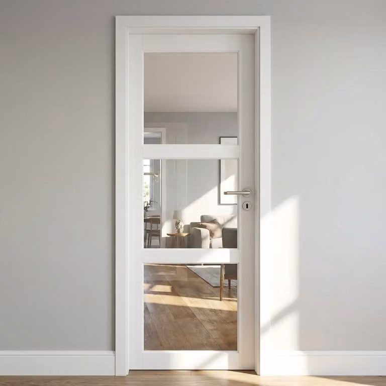 Bloc Porta Kenya Bianco Vetro Trasparente H204 x L73 cm Lato Tabella P. sinistra, Maniglia Pomerol GD MENUISERIES