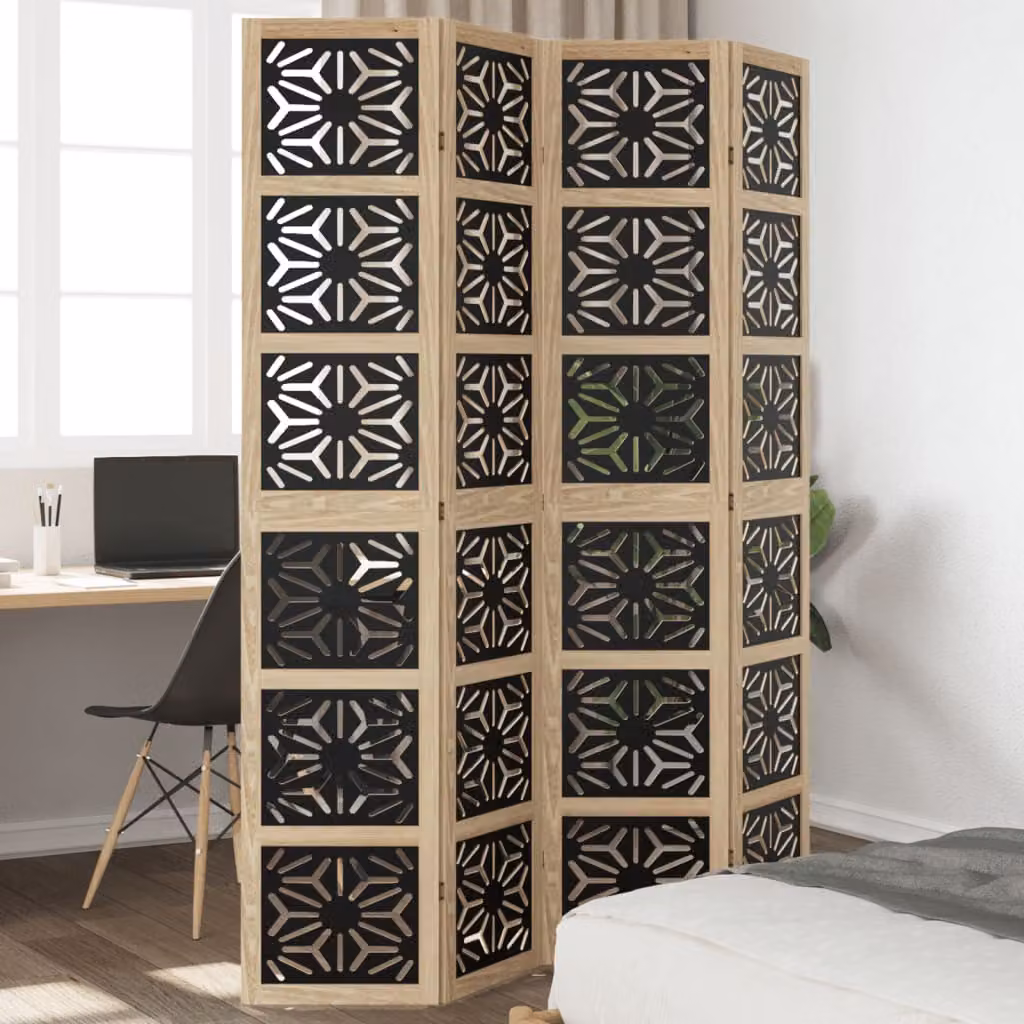 vidaXL Divisorio Ambienti Moderno a 4 Pannelli in Legno di Paulownia Massello Marrone e Nero