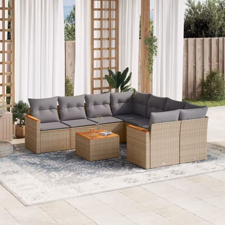 vidaXL Set Divano da Giardino 9 pz in Polyrattan con Cuscini Beige e Tavolino da Caffè per Terrazza e Giardino