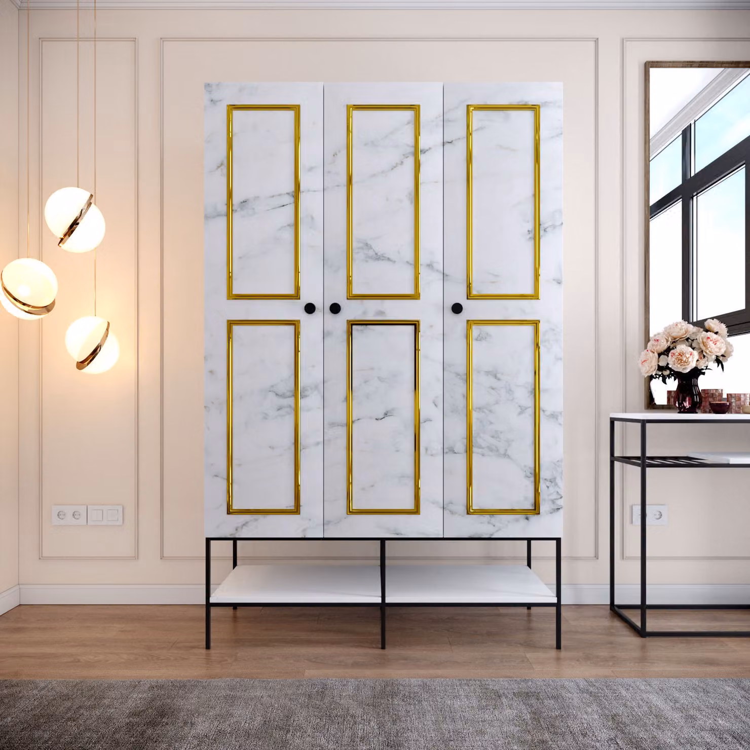 Skye Decor, Martin 3 - Bianco, Nero, Oro, Armadio, Bianco, 100% PANNELLI DI PARTICELLE RIVESTITI IN MELAMMINA, 126 x 50 x 200 cm