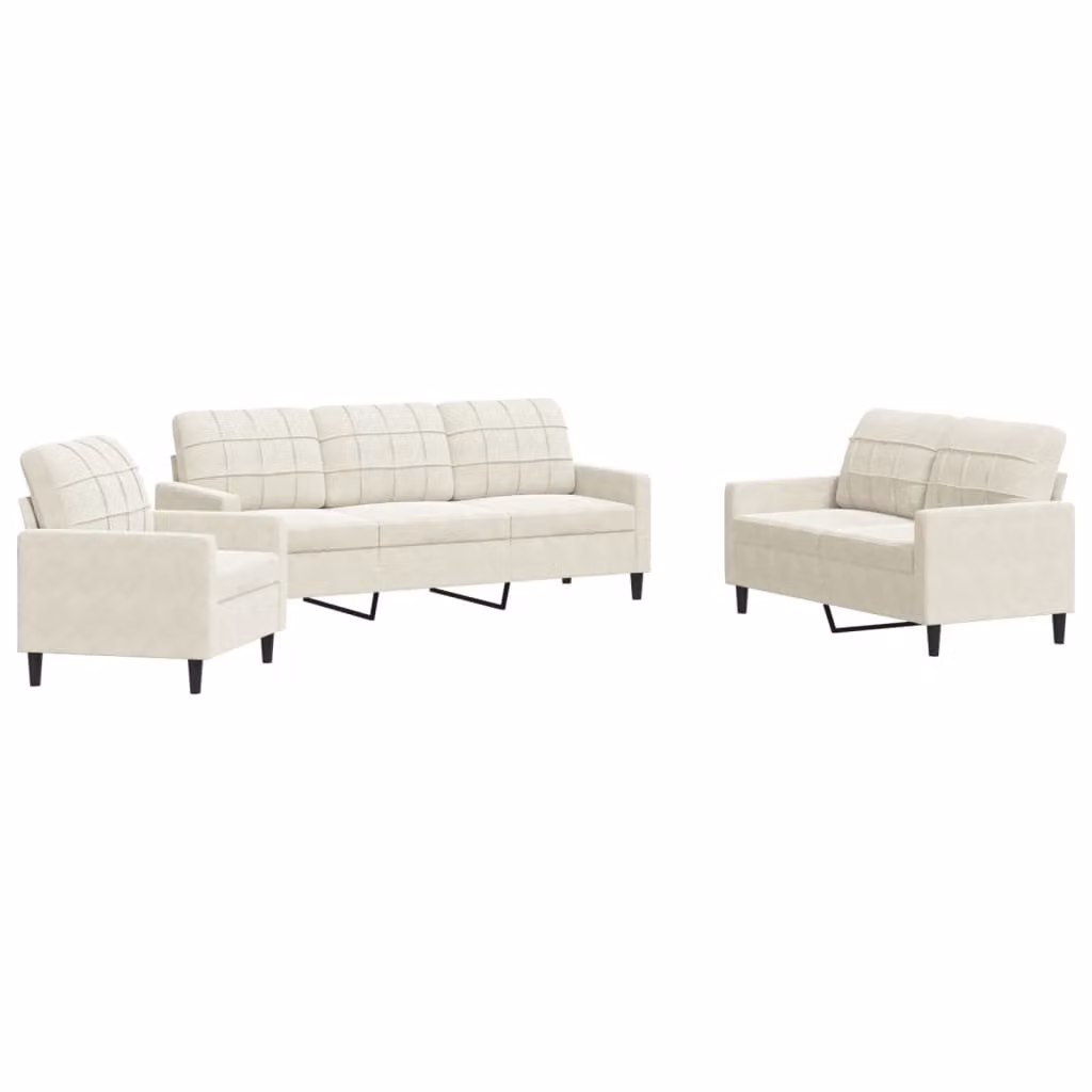 Set di Divani 3 pz con Cuscini Crema in Velluto