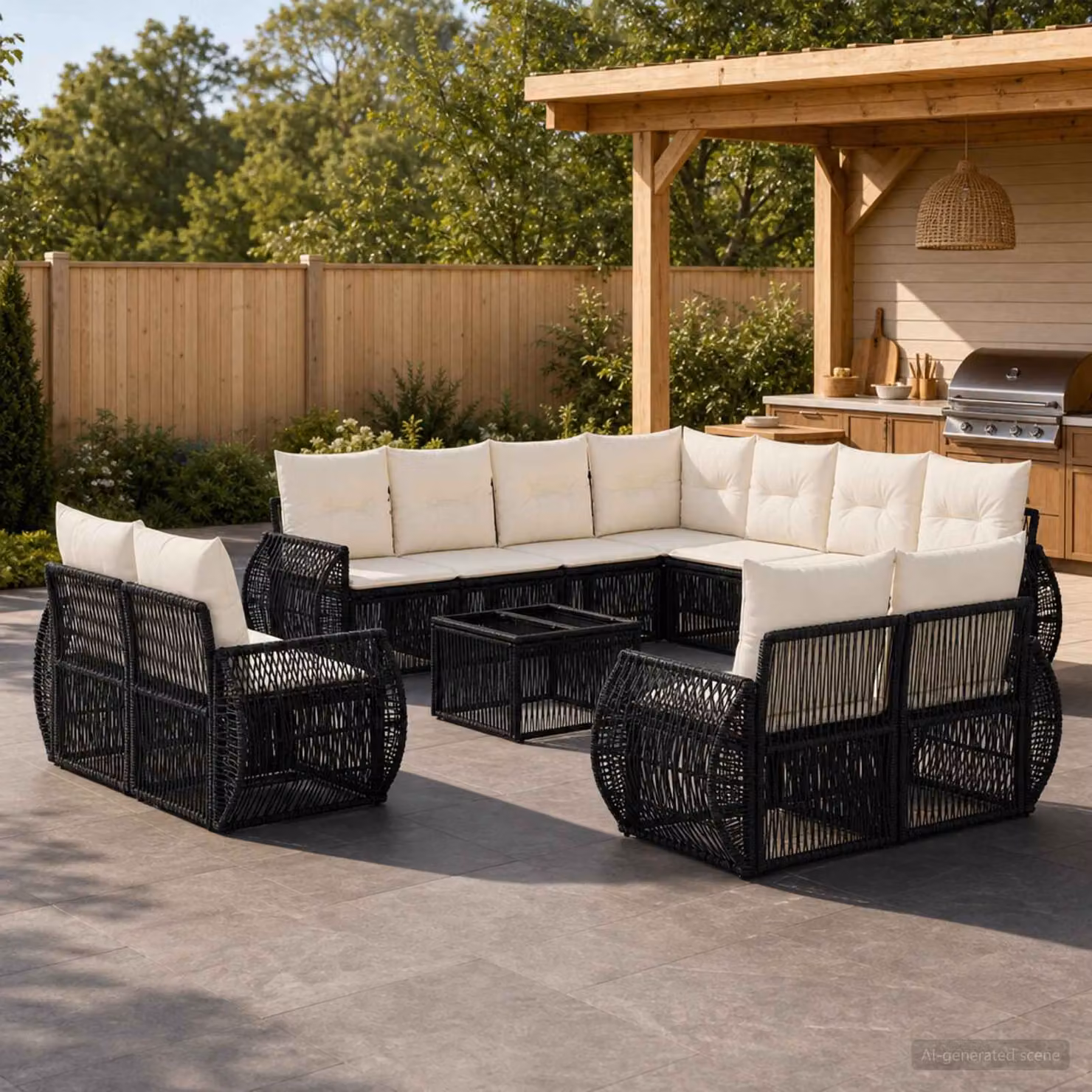 Set Divano da Giardino vidaXL 12 Pezzi in Polyrattan Nero e Bianco Crema