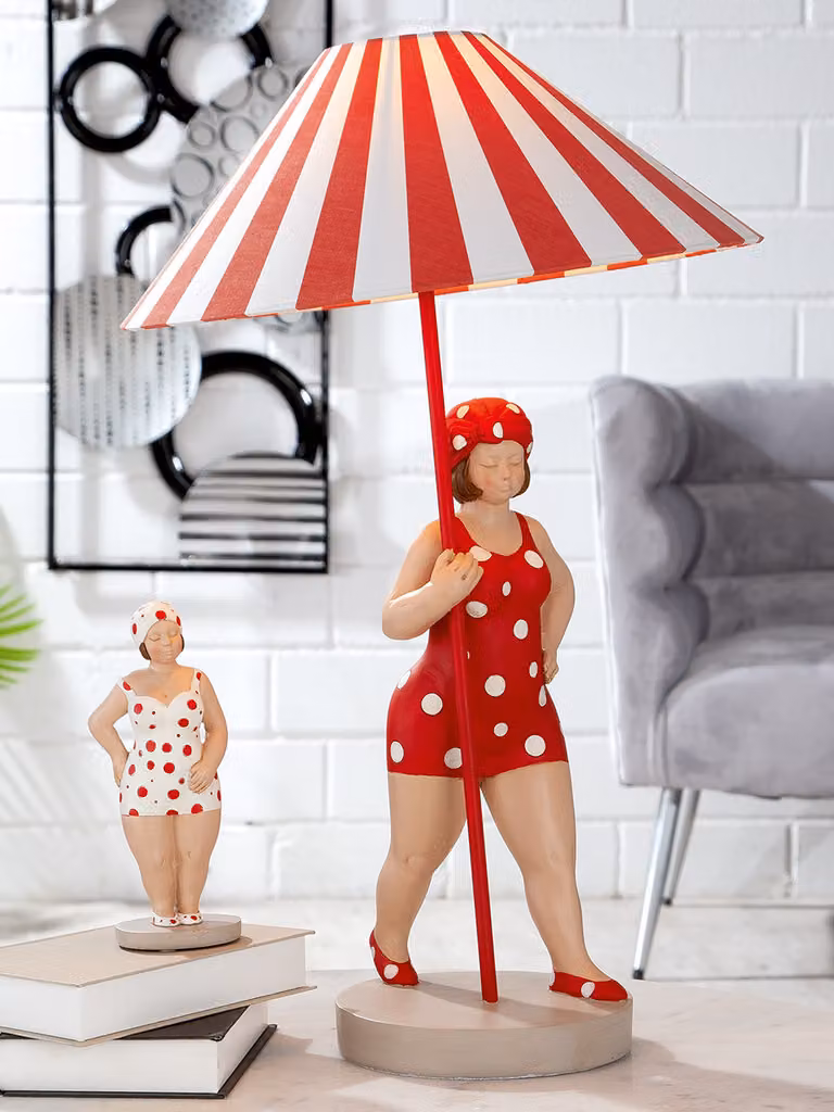 Lampada da tavolo Gilde, modello "Badenixe", "Becky", decorata con pois e righe, realizzata in resina e tessuto, colore rosso, confezione da 1, altezza 60 cm, diametro 38,5 cm. Codice prodotto: 37058. Codice EAN: 4063387370582