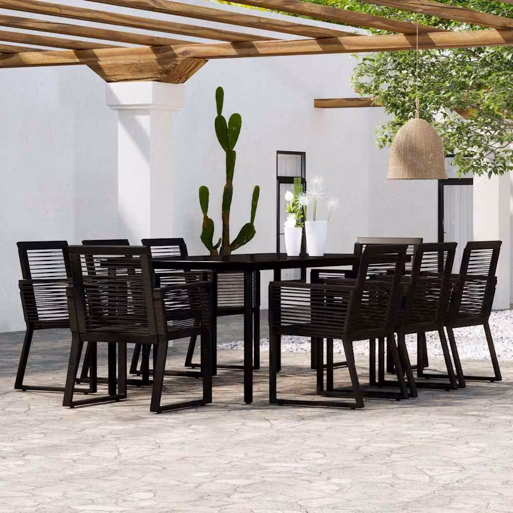 Set da pranzo per giardino vidaXL in metallo e vetro nero con 9 pezzi e cuscini