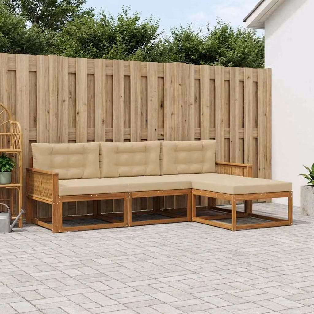 Set di divani da esterno vidaXL 4 pz in legno di acacia con pouf e cuscini, colore beige e marrone, design moderno a L