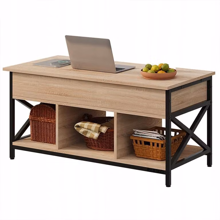 Panca-tavolino in legno stile loft, allungabile e sollevabile, con vano portaoggetti, color marrone, 100 cm