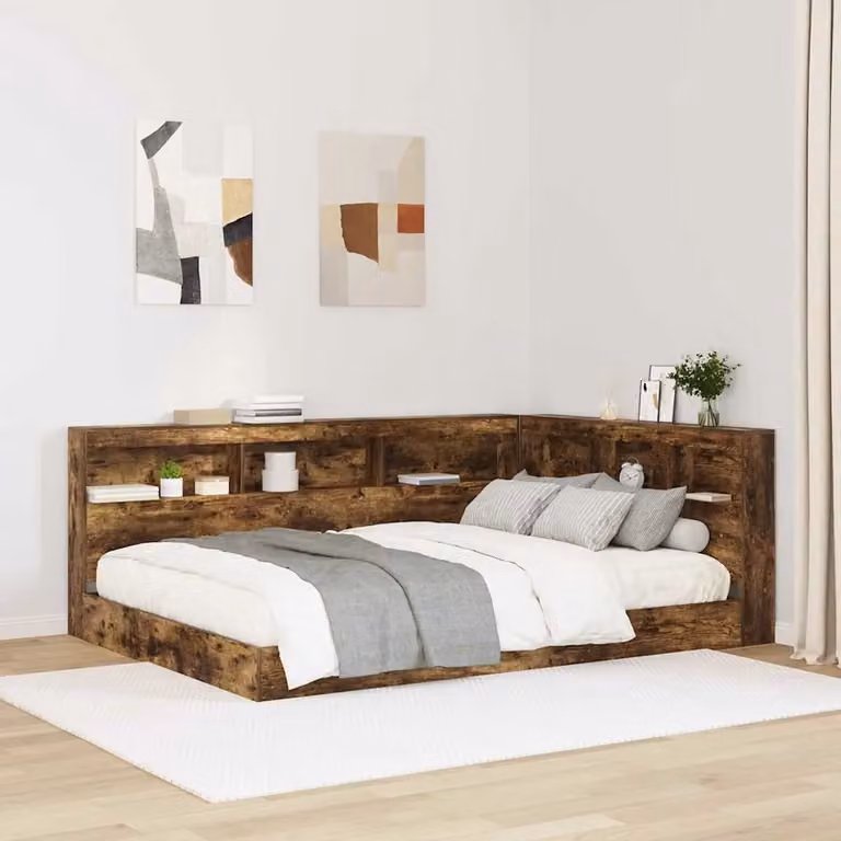 Testata letto con contenitore vidaXL in legno ingegnerizzato e metallo, colore marrone, con ripiano integrato e porta di ricarica USB, L: 207.5 cm, P: 152.5 cm, H: 76.5 cm