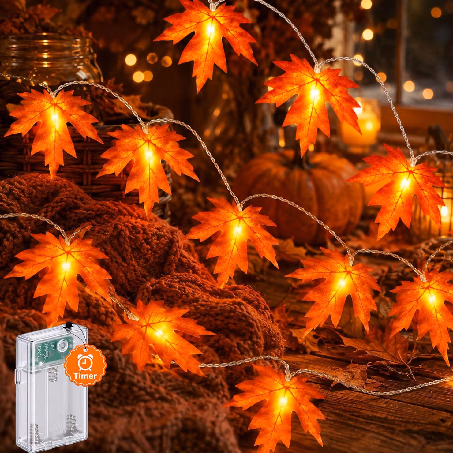 Catena luminosa da 3 metri, con 20 LED a forma di foglie di acero, timer e alimentazione a batteria