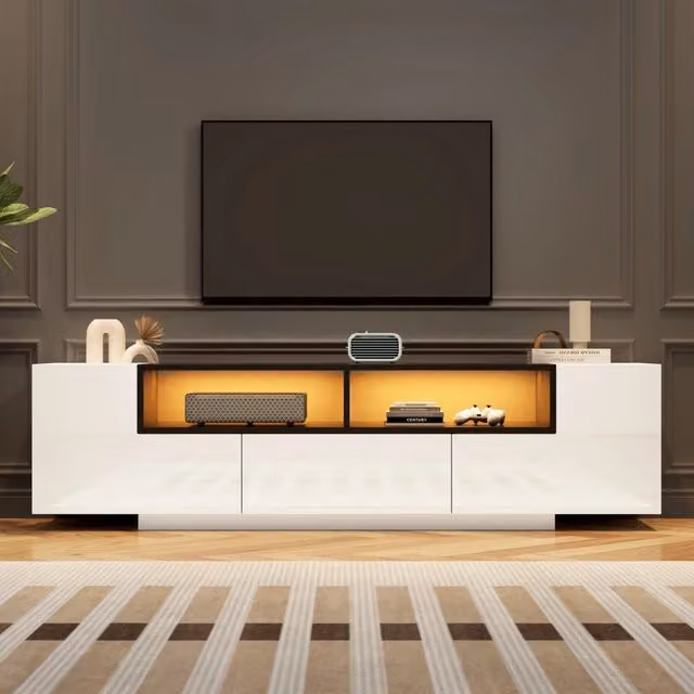 Mobile TV con LED e cassetto 180x40x48 cm in pannello truciolare bianco