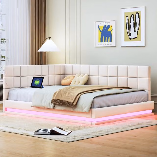 Divano letto imbottito 140x200 in lino; con luci LED; porta USB; rete a doghe; beige