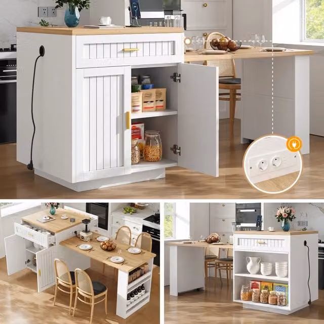 Isola da cucina estraibile con prese integrate e ante scanalate; bianco; 121;5-192 cm