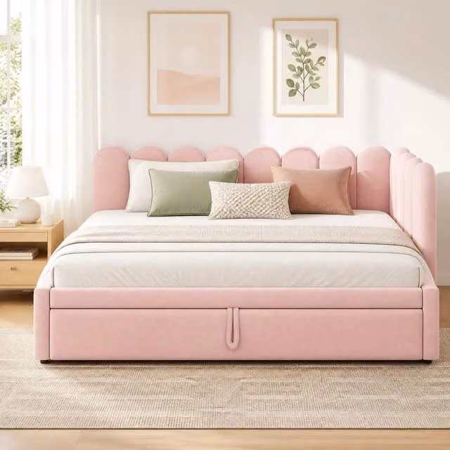 Divano letto a L estraibile 90 x 200 cm; superficie letto 180 x 200 cm; velluto rosa