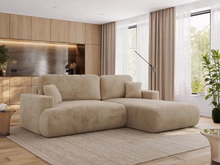 MKS MEBLE divano angolare OVO con funzione letto e box letto, beige felpato, divano a L, divano angolare a 4 posti, 271x195x95 cm - lato destro