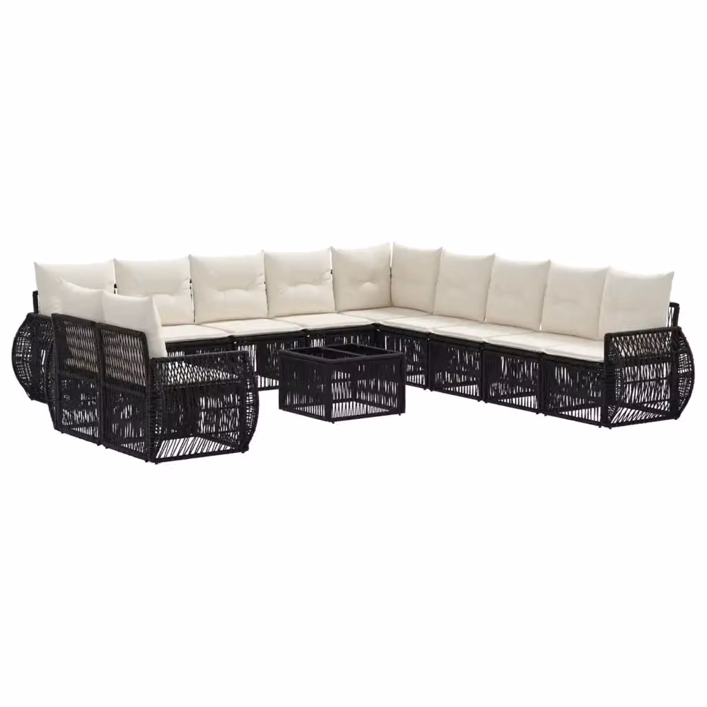 Set Divano da Giardino a L con Tavolino vidaXL, 12 Pezzi, Nero, Bianco e Beige con Cuscini e Struttura in Metallo e Polyrattan – 2