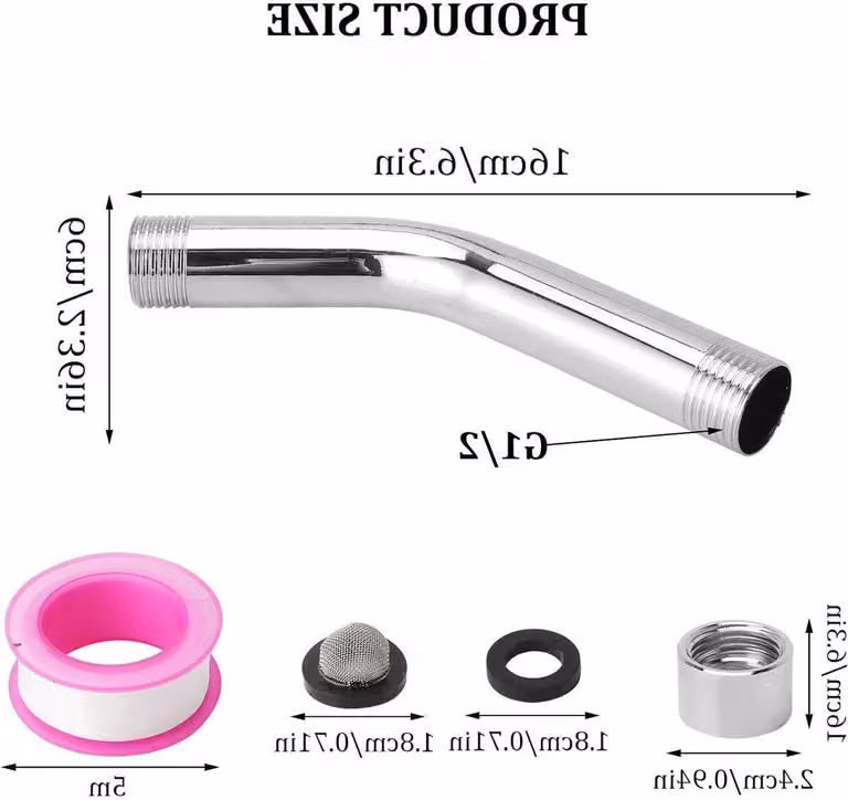 Ugello doccia regolabile con braccio di prolunga da 15 cm, corpo in acciaio inossidabile con angolo di 45°, completo di guarnizioni e nastro in PTFE per l'installazione del soffione