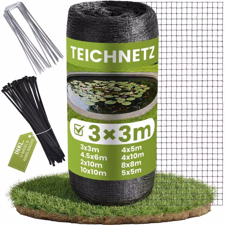 Retinaia fine per stagno, dimensioni 3x3 metri, con ganci a U e fascette stringicavo