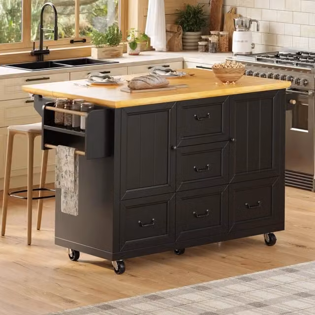 Isola da cucina 120x73x92.5 cm pieghevole con ripiani e ante in MDF e metallo nero