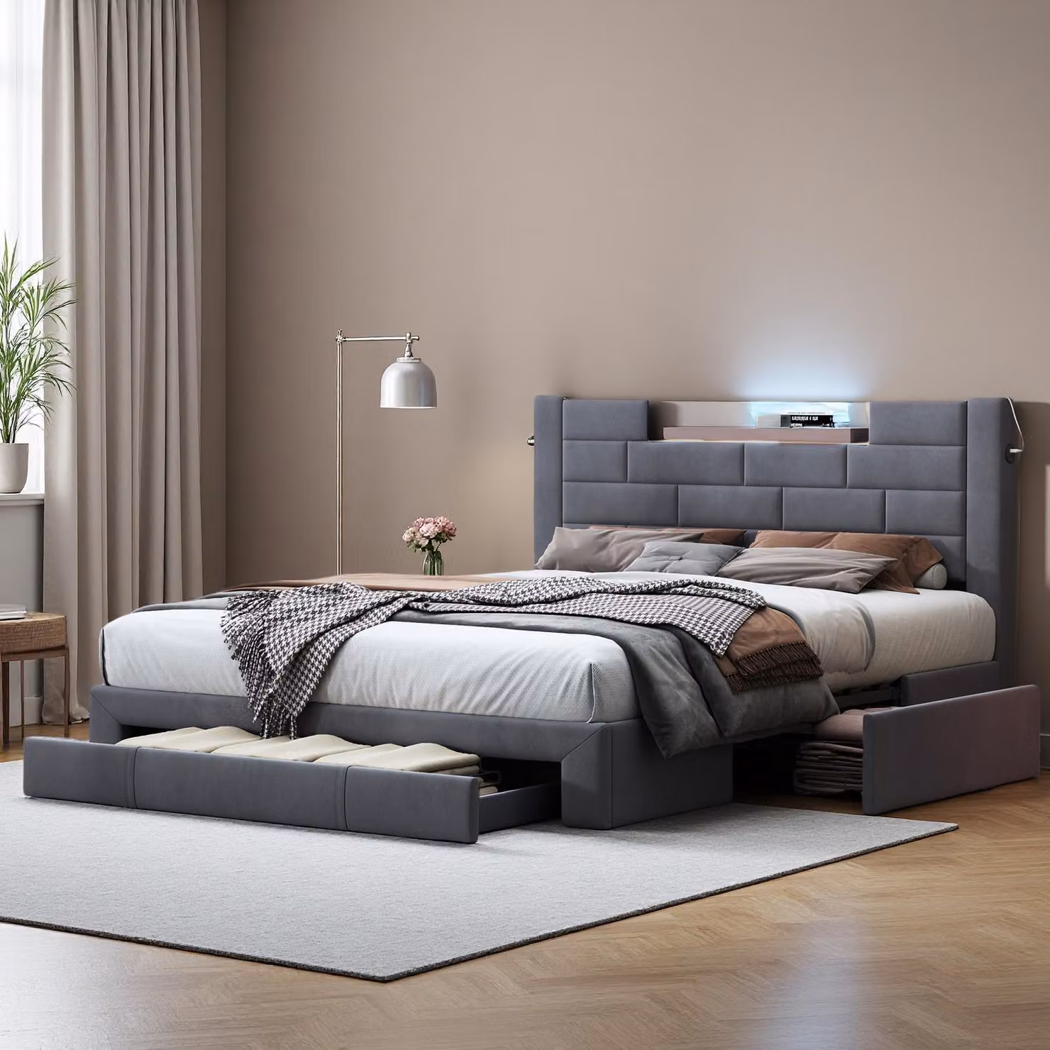 Letto morbido ProximaX con cassetti, striscia luminosa a LED e connessione USB, contenitore per la testata del letto, 140×200 cm, velluto grigio, per una camera da letto accogliente c