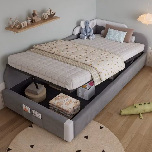 Letto imbottito per bambini con contenitore idraulico; protezione morbida rialzata e tasca al piede; velluto grigio; 90x200 cm; senza materasso