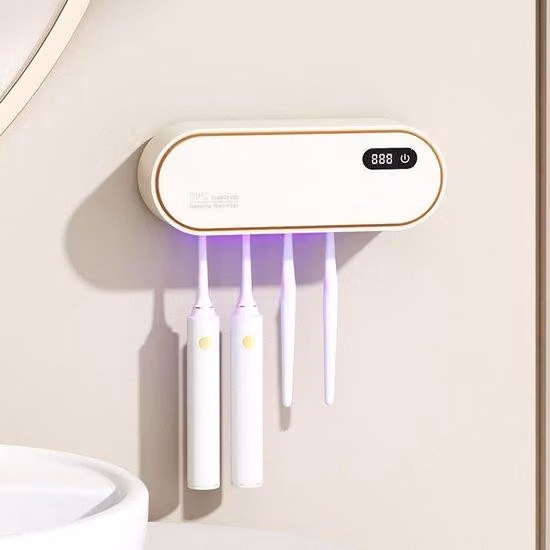 Portaspazzolini elettrici da parete, con sterilizzazione UV, timer e funzione di asciugatura, 1800 mAh, 4 ganci, accessorio da bagno per bambini e adulti, bianco
