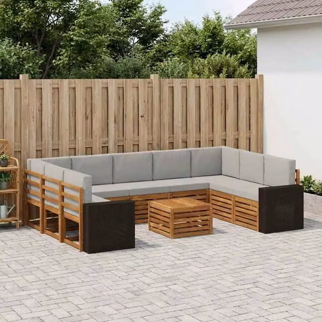 Set di divani da esterno vidaXL a forma di L con tavolino da caffè, in legno di acacia e tessuto beige e grigio