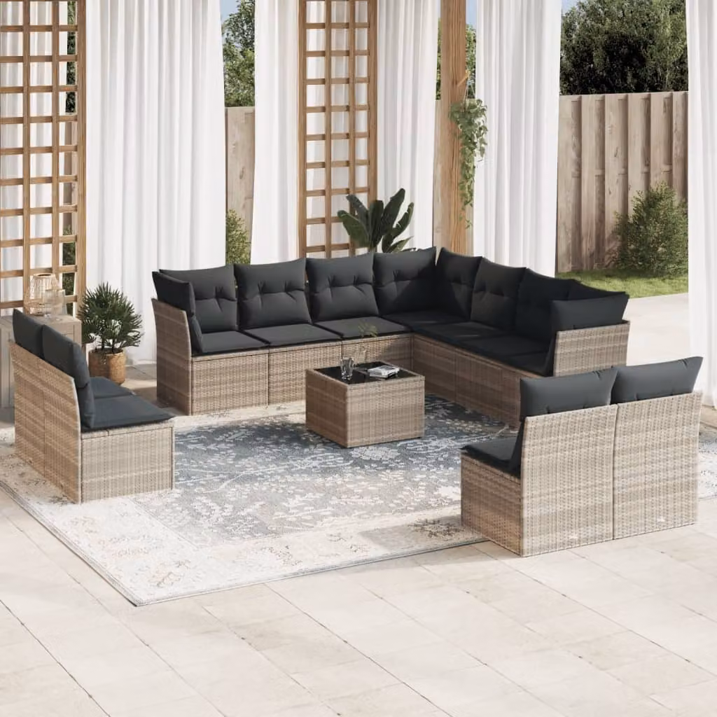 vidaXL Set Divano da Giardino a L in Polyrattan Grigio con Cuscini e Tavolino da Caffè – 1