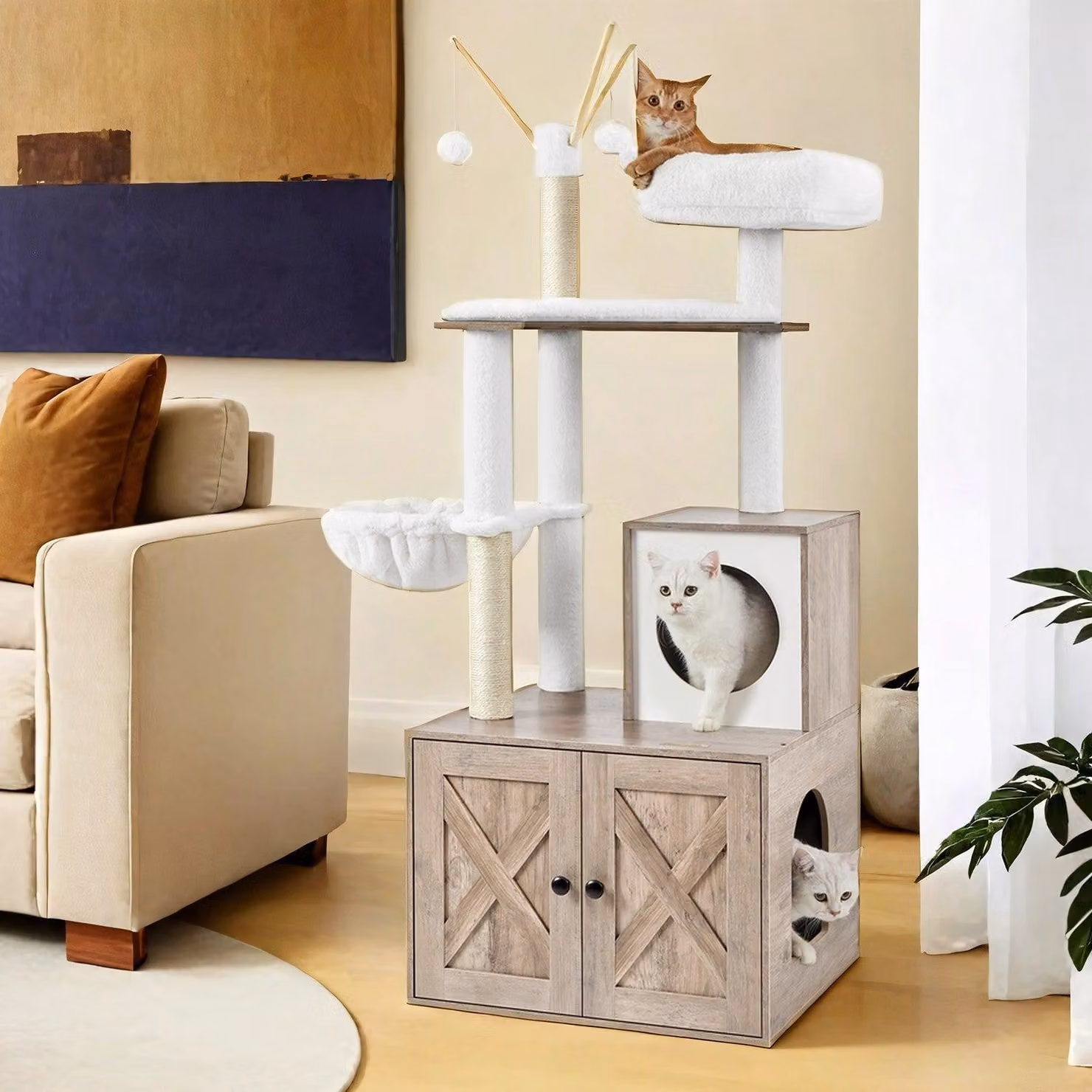 Albero per gatti – Torre da arrampicata – Sisal – Colore greige – 57,5 x 50 x 140 cm