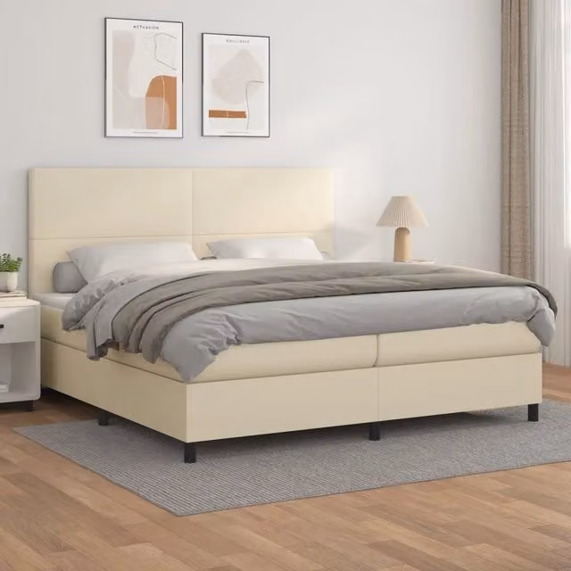 Letto a molle con materasso ibrido vidaXL in similpelle beige e bianco L/P/H: 200 x 200 x 128 cm