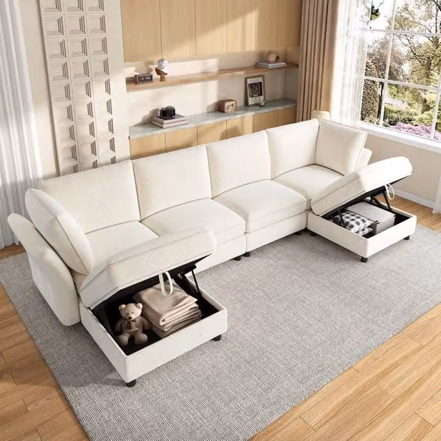 Divano angolare 6 posti con contenitore ¨C Minimal ¨C beige tessuto poggiapiedi