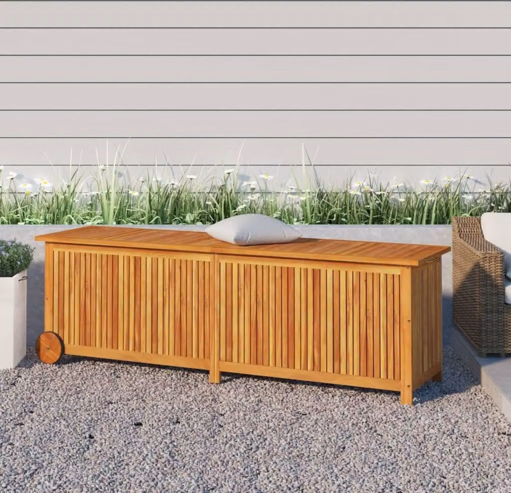 vidaXL Cassapanca da giardino con rotelle 150x50x58 cm in legno massiccio di acacia - Cassapanca da giardino - Cassapanca da giardino - Cassapanca da esterno - Contenitore da giardino