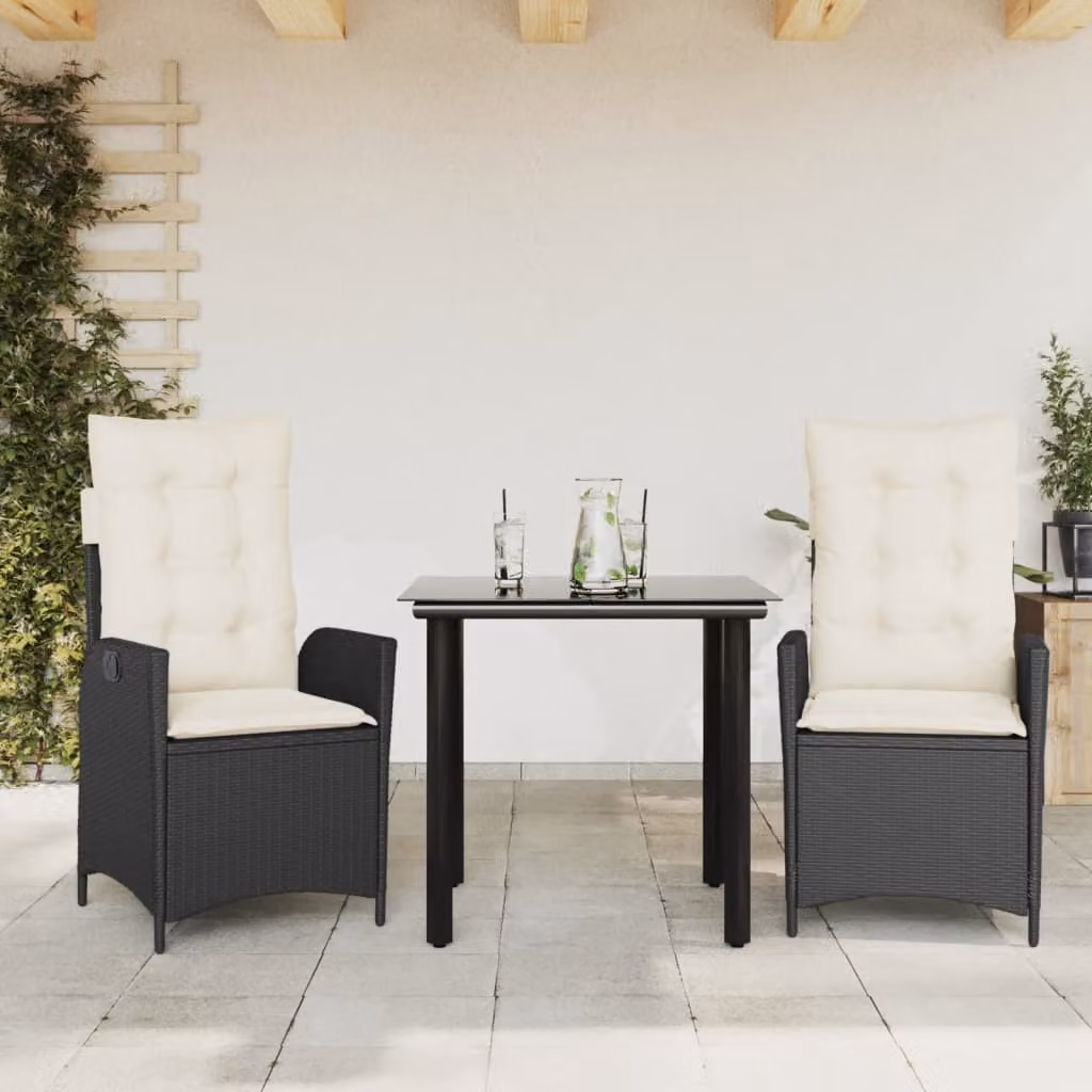 Set da pranzo da giardino vidaXL in polyrattan nero con cuscini e piano in vetro – 1