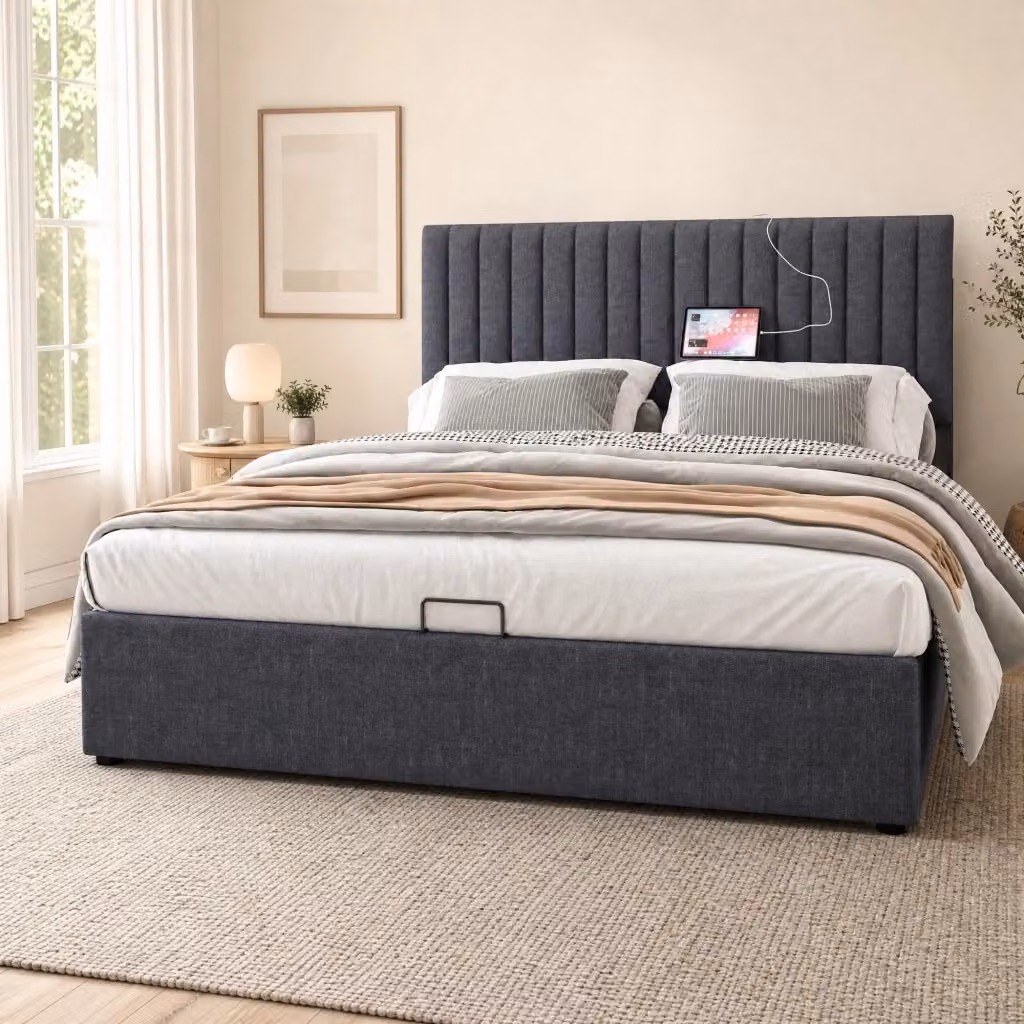 Letto contenitore Mivray in lino grigio con testiera LED controllabile via app, porte USB e Type-C, L/P/H: 140 x 200 x 106 cm – 2