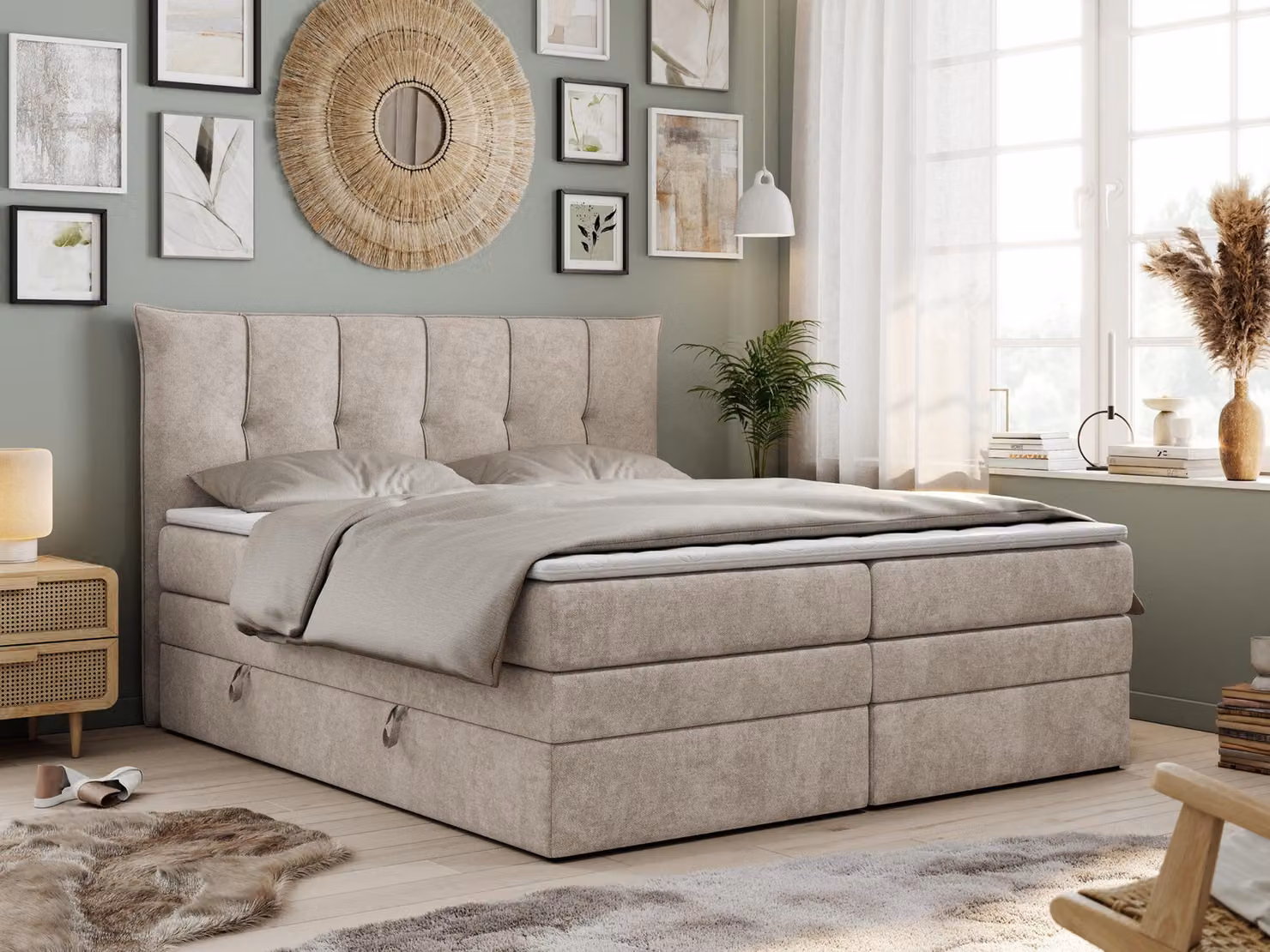 Letto boxspring con materasso a molle insacchettate a 7 zone e topper - PREMIUM-10-KING - 180x200 cm - Beige - H4