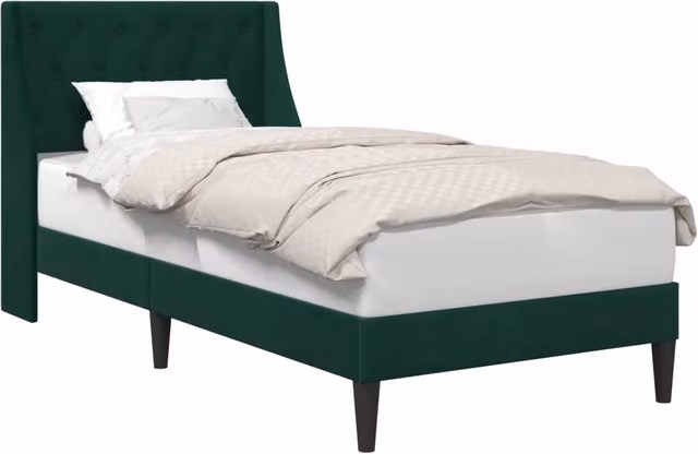 Letto singolo moderno in velluto verde con struttura in legno, L/P/H: 90 x 200 x 94 cm
