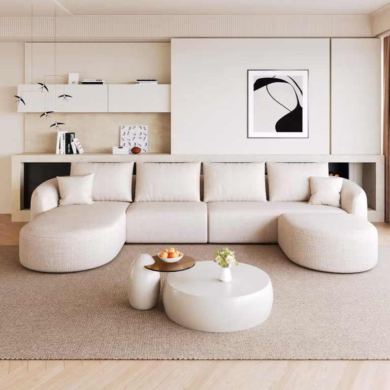 Divano angolare MODFU a forma di U, divano modulare a 3 posti con chaise longue sinistra e poggiapiedi imbottiti, dimensioni 336 x 168 x 85 cm, divano senza necessità di montaggio, divano letto, colore bianco