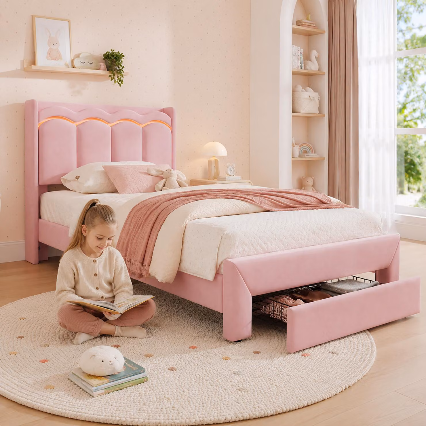 Letto imbottito per bambini, dimensioni 90x200, con cassetto nella parte inferiore, testiera a forma di onda, ripiano e illuminazione LED controllabile tramite app, capacità di carico fino a 220 kg