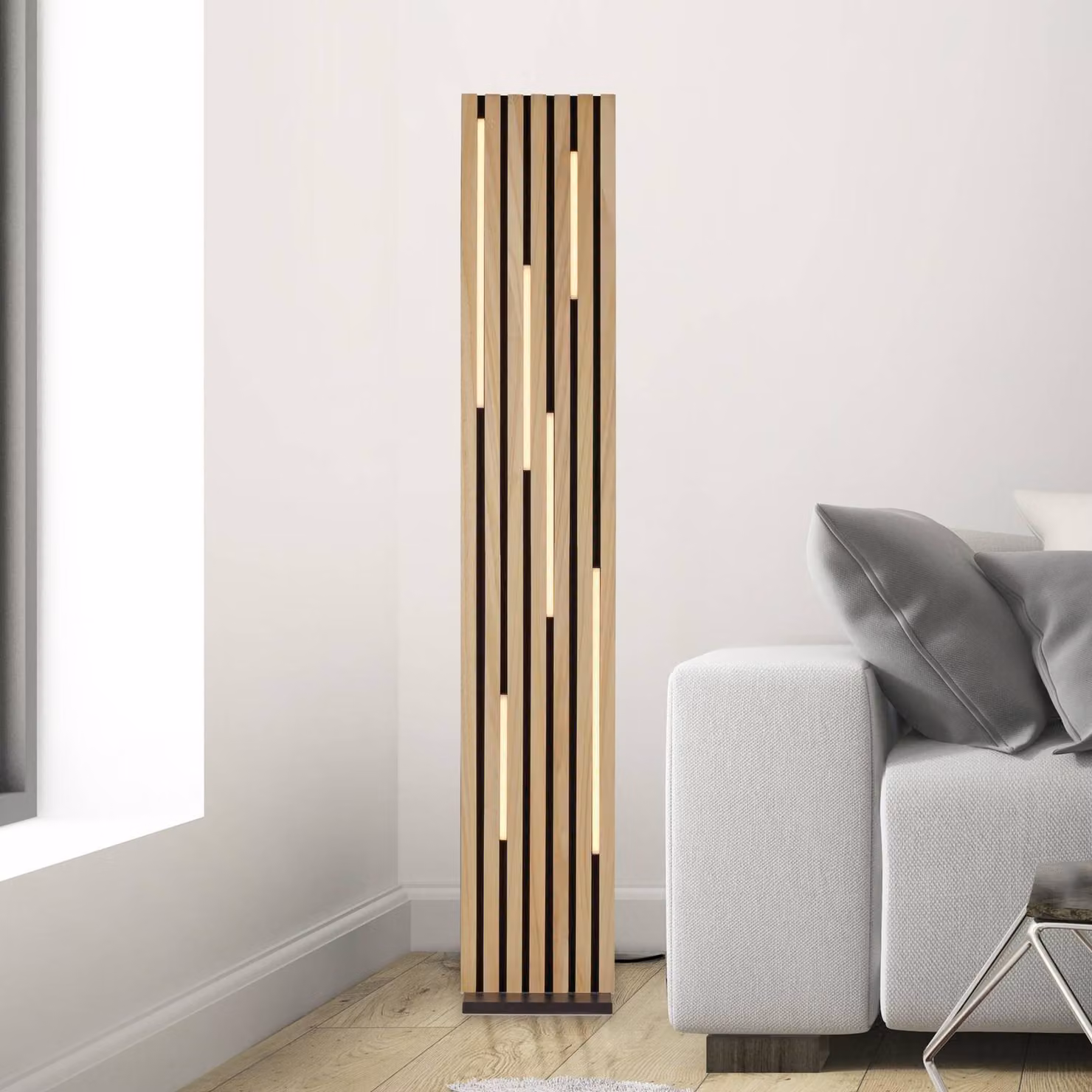 Q-Smart-Home Paul Neuhaus Lampada LED da pavimento Q-Acoustic in legno altezza 162 cm Q-Akustik, dimmerabile, Legno chiaro, Soggiorno / Sala da pranzo, Legno, Moderno