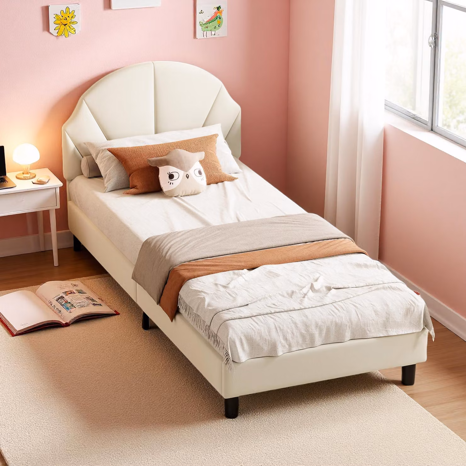 UnboxG Letto per bambini 90x200 cm Beige in velluto con testiera regolabile in altezza – Letto singolo imbottito per bambini e ragazzi, letto imbottito
