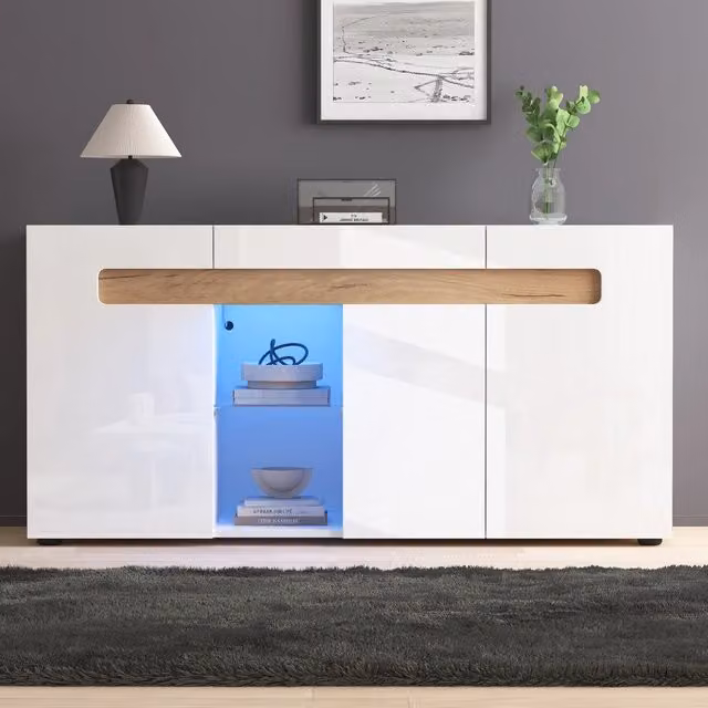 Credenza moderna WISHDOR a 3 ante bianca con ripiano in vetro e illuminazione LED integrata L/P/H: 140 x 40 x 70 cm