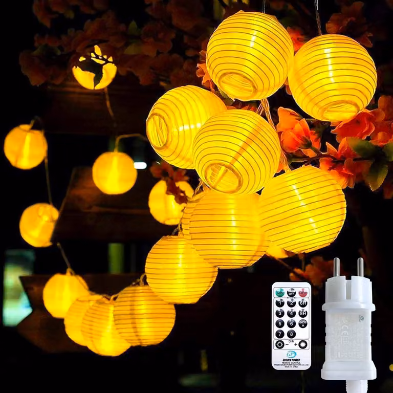 Catena luminosa a LED, 5 metri, 20 lanterne bianche calde, 8 modalità, timer, telecomando