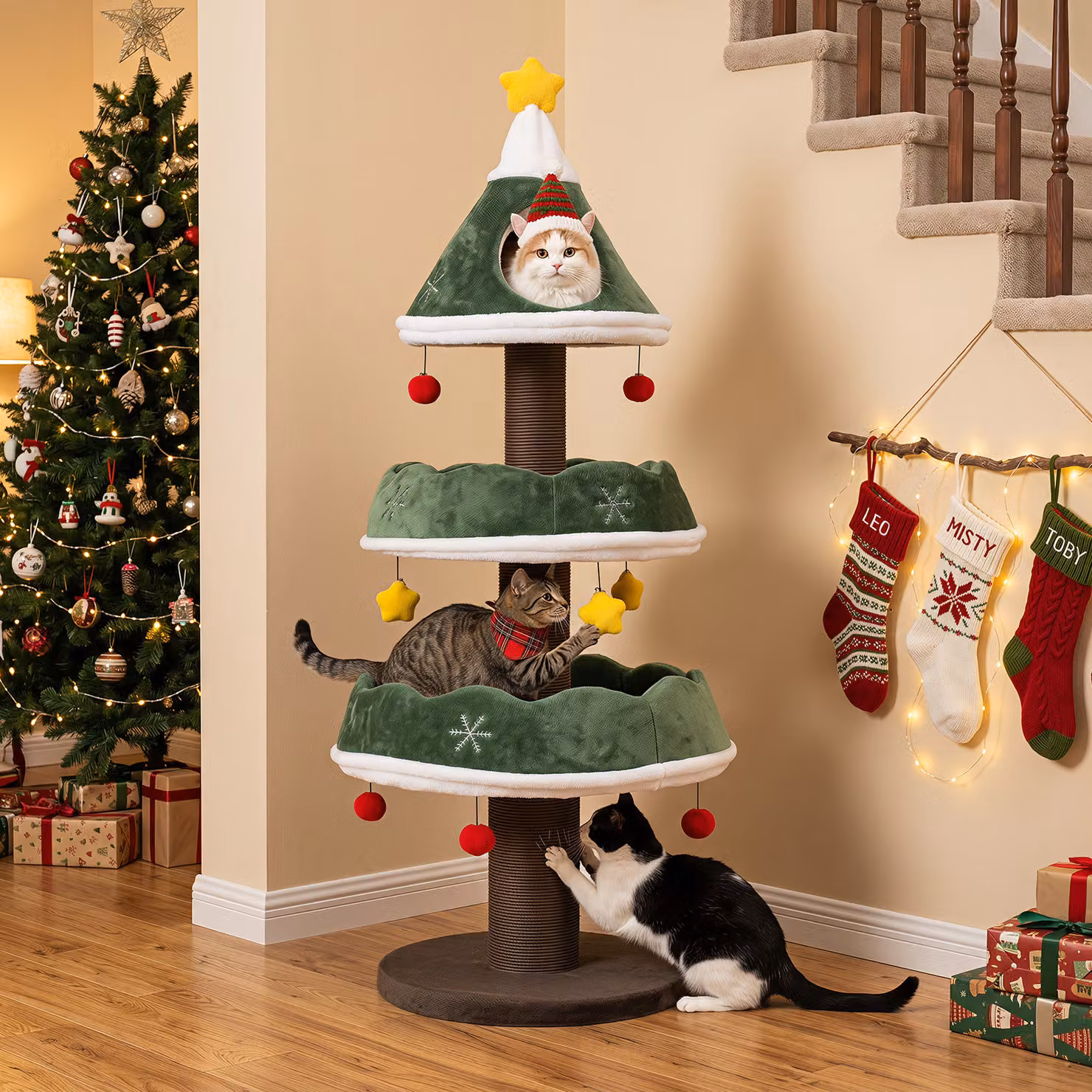 Albero di Natale per gatti Costway a 3 livelli con pali graffiatoi, grotta e piattaforme in peluche, verde e bianco