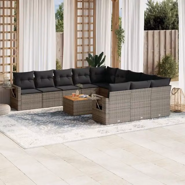 Set da giardino componibile vidaXL in polyrattan grigio con cuscini, divano a L, poltrone e tavolino da esterno – 1