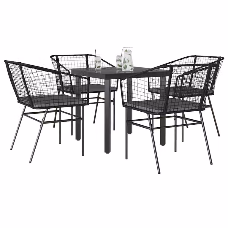 Set da pranzo da giardino vidaXL in polyrattan con tavolo in vetro e 5 cuscini, grigio e nero