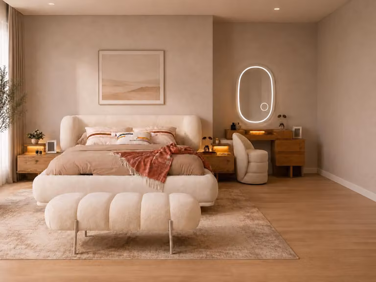 Set per camera da letto: letto, angolo trucco, panca da letto, design moderno, colore beige