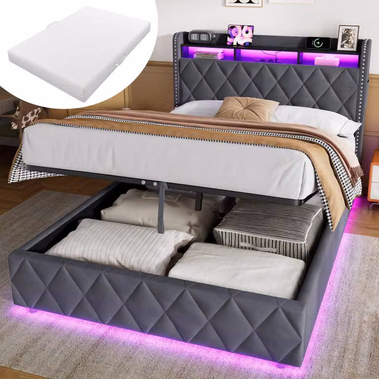 Letto imbottito MODFU, 140 x 200 cm, in velluto, con materasso. Letto per ragazzi con spazio contenitore idraulico. Letto matrimoniale multifunzionale con LED e testiera a rombi, colore grigio