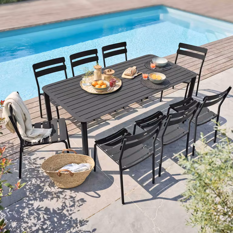 Tavolo da patio quadrato (185 x 92 cm) e 8 sedie nere - Oviala Almada